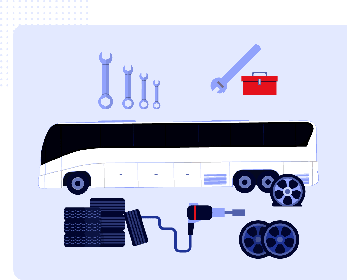 An illustration of a bus with tools and tools.