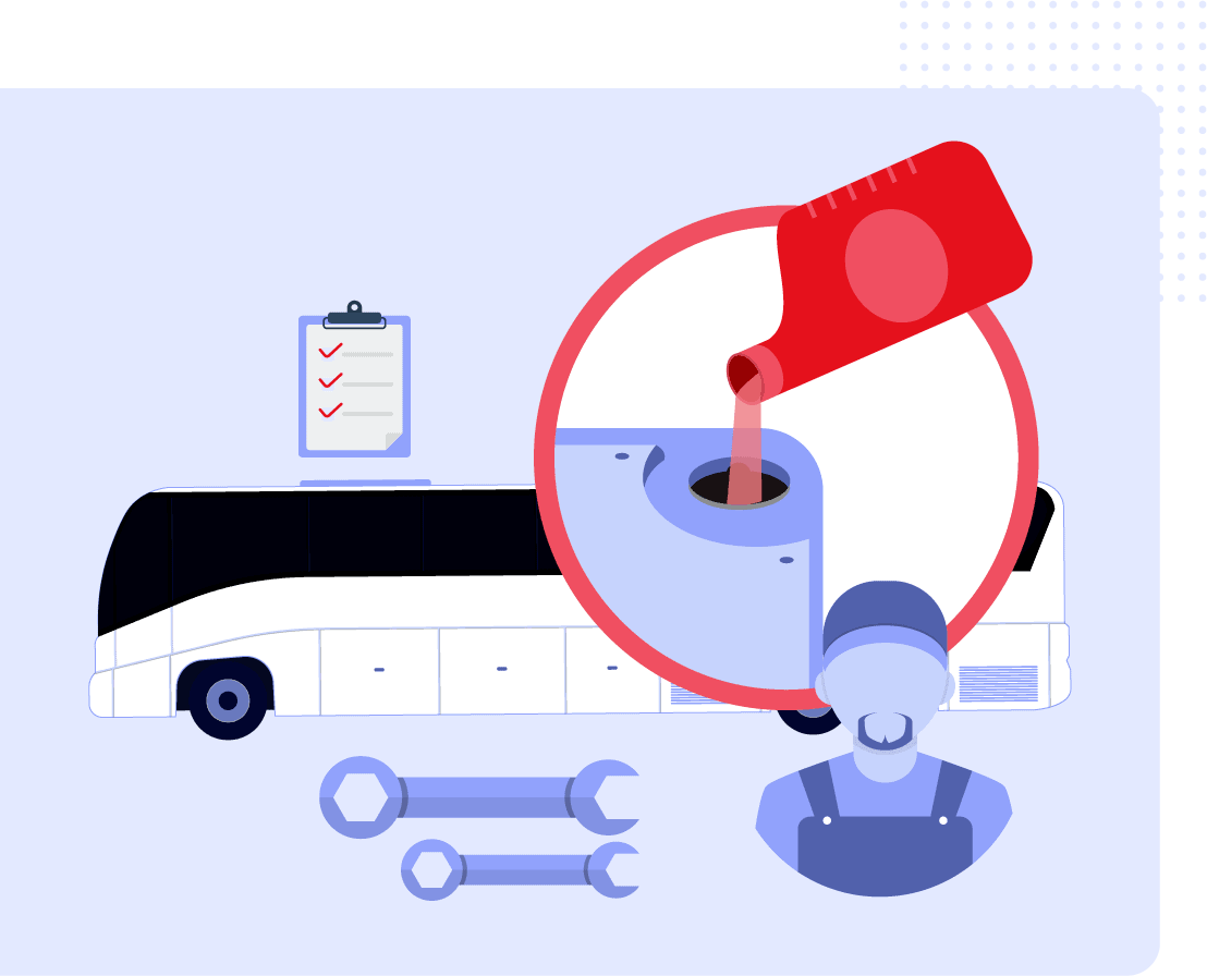 An illustration of a bus with a man working on it.