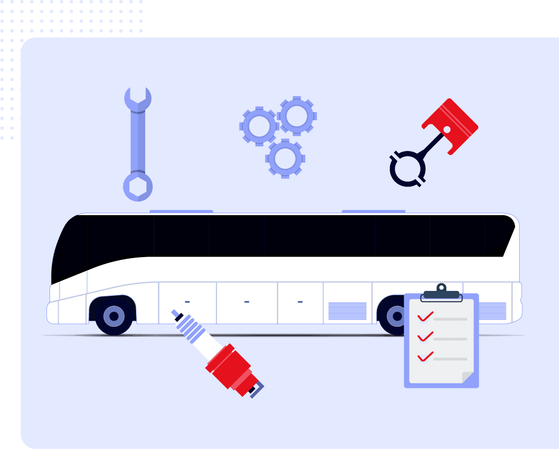 A white bus with tools and a clipboard.