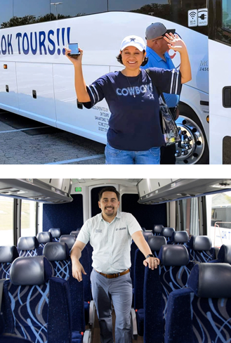 Two pictures of a man standing in front of a bus.
