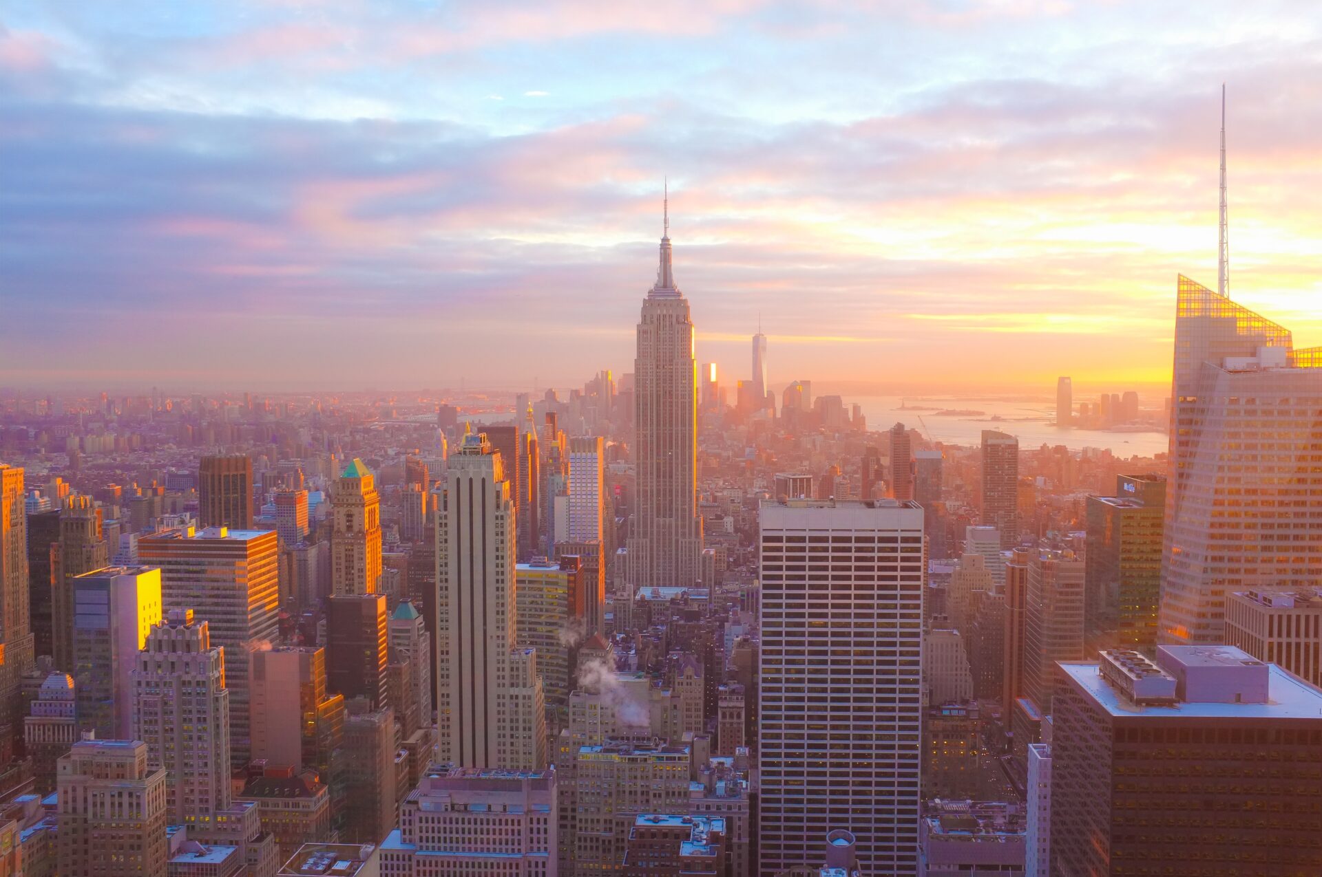 New york city skyline at sunset.