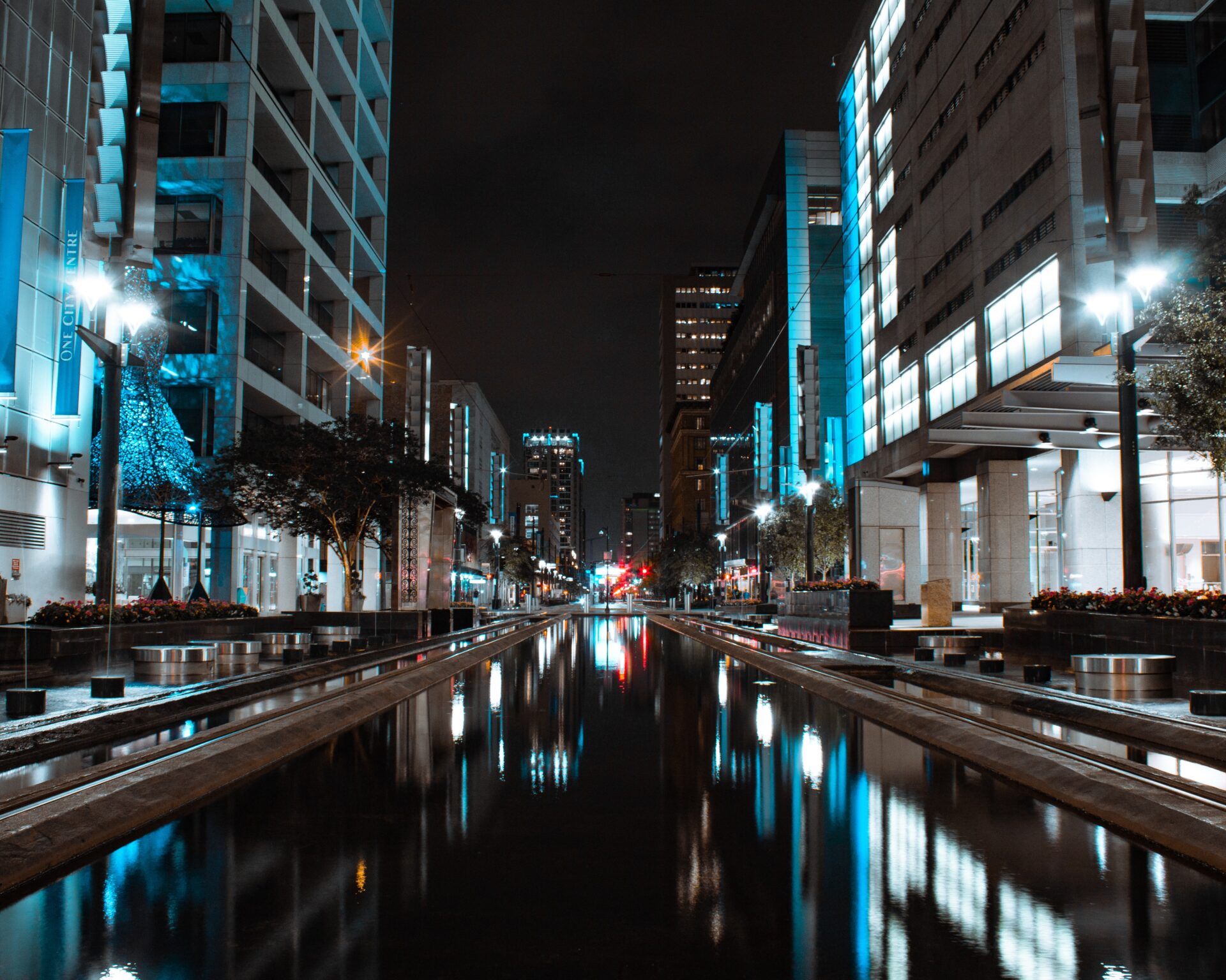 A city street at night.