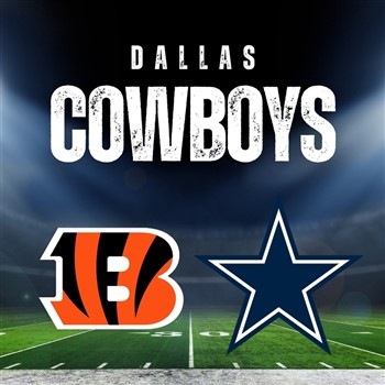 A graphic featuring the Dallas Cowboys logo at the top, with the Cincinnati Bengals and Dallas Cowboys logos positioned side by side over a football field background.
