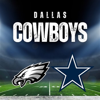 Football field background with "Dallas Cowboys" written at the top, and the logos of the Philadelphia Eagles and Dallas Cowboys below.