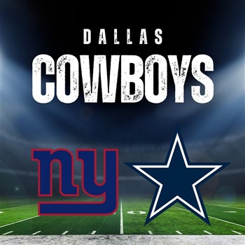 Image of a football field with the logos of the New York Giants and Dallas Cowboys and "Dallas Cowboys" text at the top.
