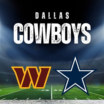 A graphic of a football field with "Dallas Cowboys" text at the top, alongside team logos for the Washington Commanders and the Dallas Cowboys.